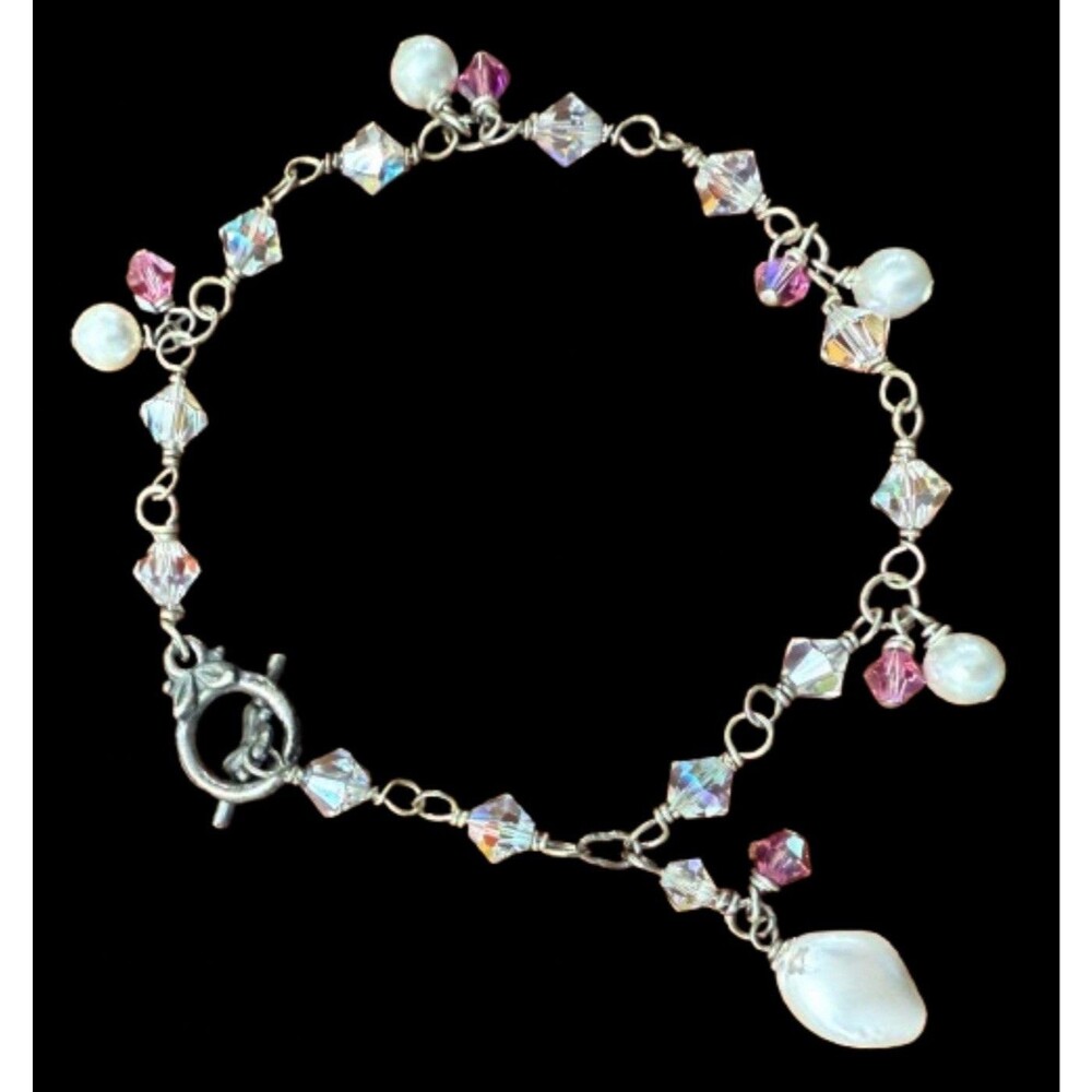 Vintage Y2K BRACELET 7”  Pink iridescent Crystal Beads Pearls Silvertone *read